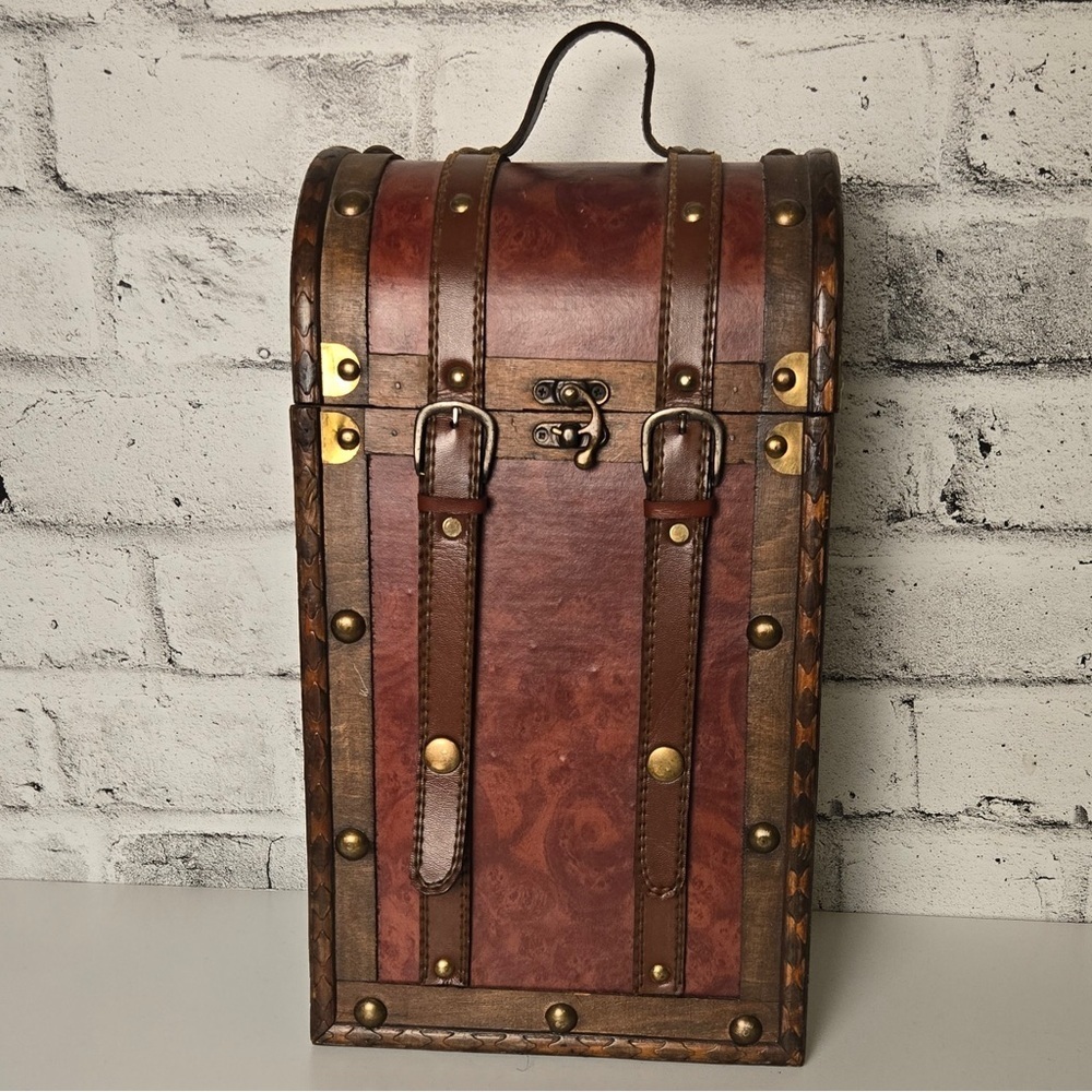 Rustic Wooden Trunk Wall Storage Box Vintage Style Faux Leather Brass Decor